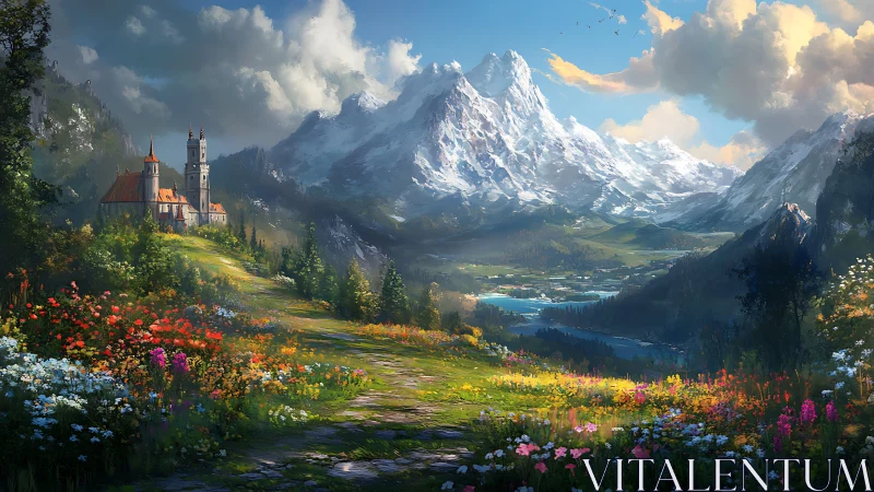Mountain valley landscape shows path, flowers and distant abbey