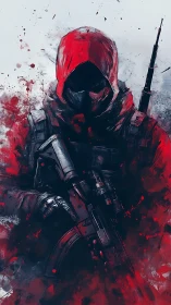 Hooded tactical figure holds rifle amid red abstract splashes