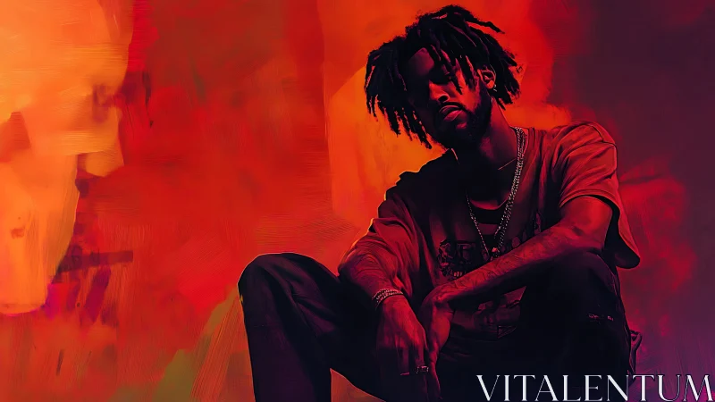 Moody urban portrait in saturated red-orange digital paint.