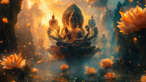 Radiant multi-armed lotus deity amid luminous celestial mist