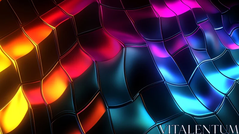 Colorful wavy grid of glowing abstract 3D tiles.