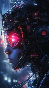 Cybernetic human profile with illuminated ocular interface.