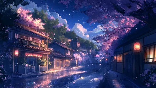 Nighttime cherry blossom street in traditional Japanese town.