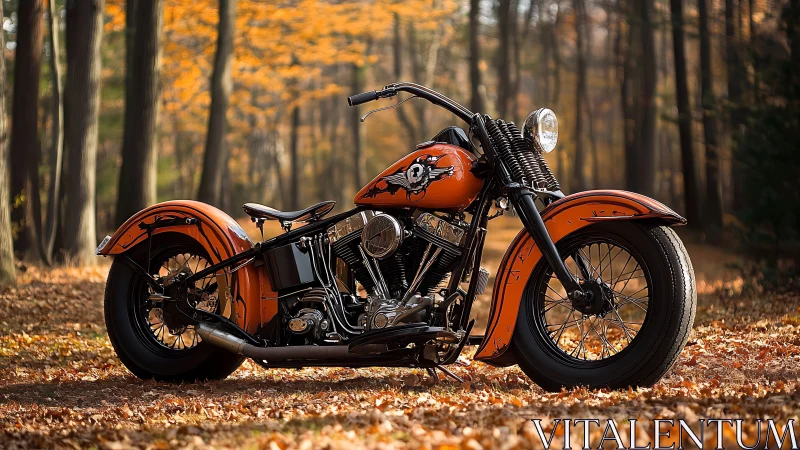 Vintage orange motorcycle stands on leaf-covered forest ground
