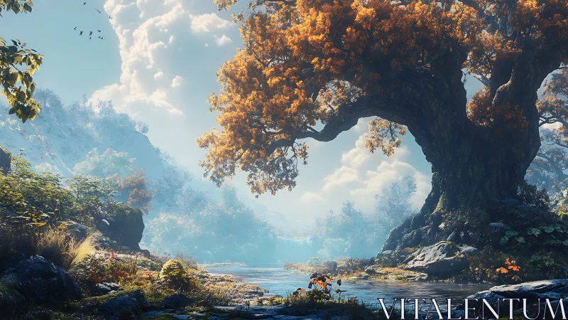 Ancient Stone Arch Frames Misty Mountain Valley.