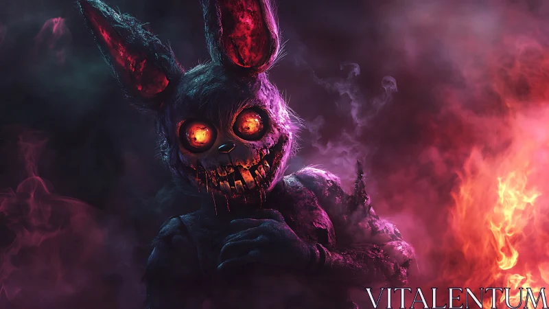 Burning-eyed demon rabbit emerges from toxic neon smoke.