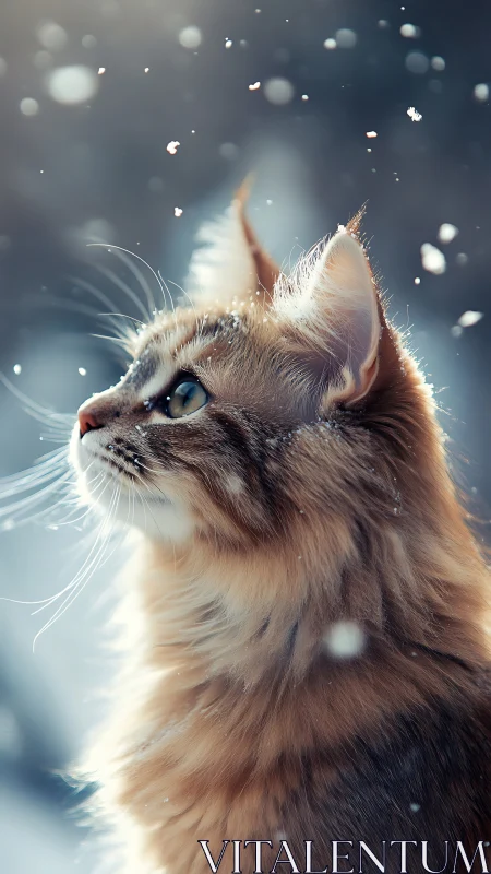 Feline with Upward Gaze Amid Bokeh Light Particles