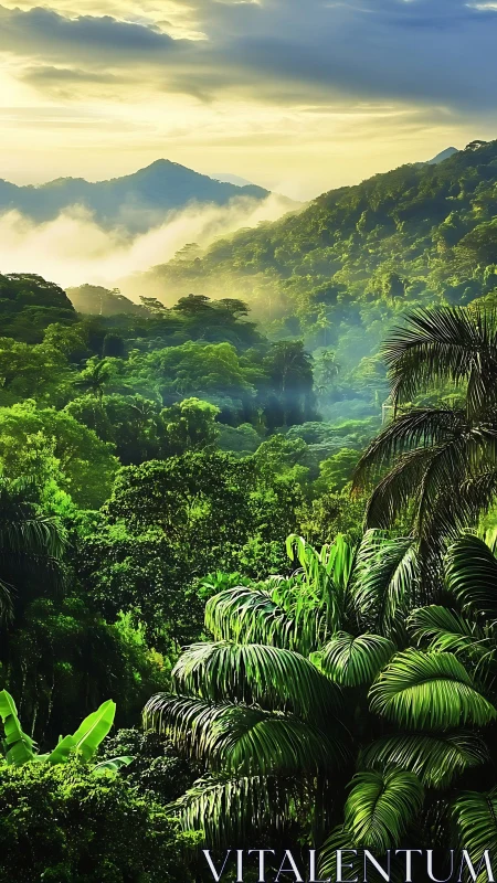 Sunlit rainforest valley wrapped in gentle morning mist.