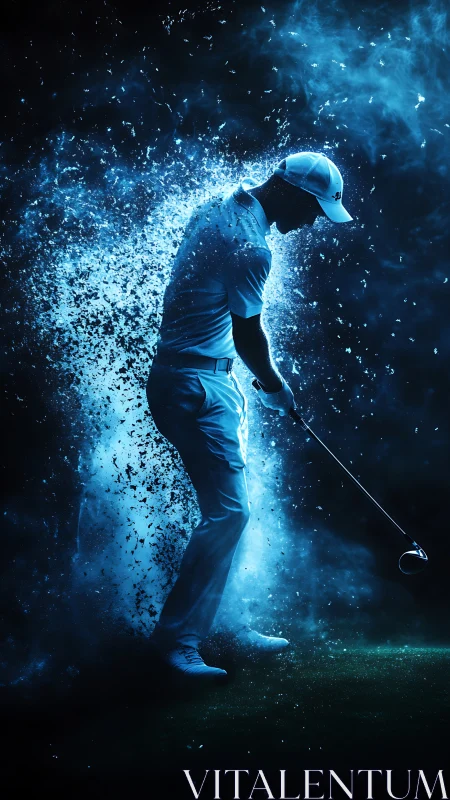 Golfer silhouette striking ball amid blue explosive dust.