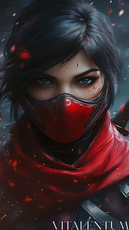Battle-scarred masked assassin portrait with red tactical scarf