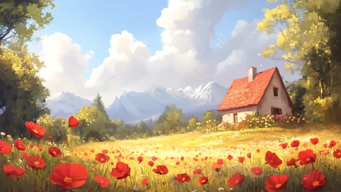 Wild poppies gossip while a red-roofed cottage naps in sun
