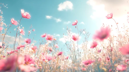 Chromatic Cosmos: Pink Cosmos Flowers Against Cerulean Sky Field.