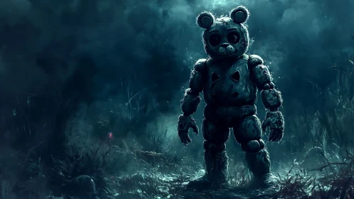 Bear mascot robot stands in dark misty forest clearing