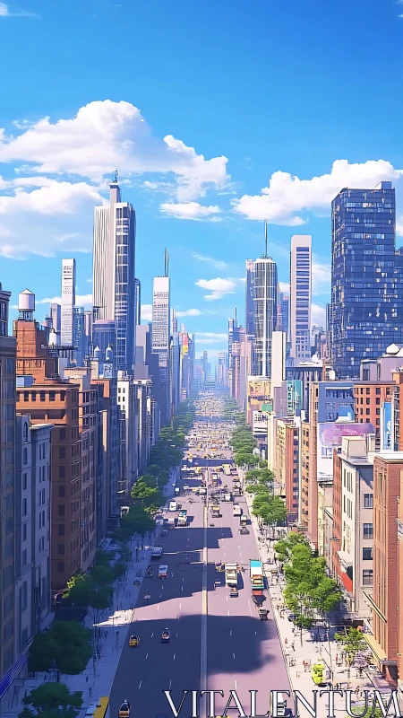 Wide city avenue extends between tall modern skyscrapers