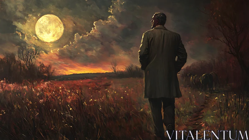 Solitary man walking under a full moon across a twilight field