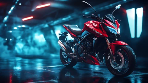 Neon-lit streetfighter motorcycle under cinematic tunnel lighting.