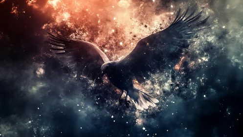 Dark winged bird bursts from fiery cosmic clouds.