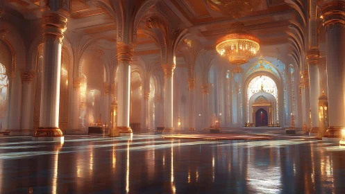 Golden palace hall glowing with gentle, dreamlike light.
