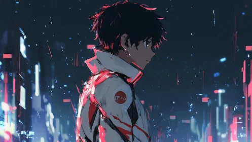 Cyberpunk teen stands in neon storm, reflective gaze. Period.