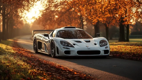 White supercar on autumn road under golden foliage glow.