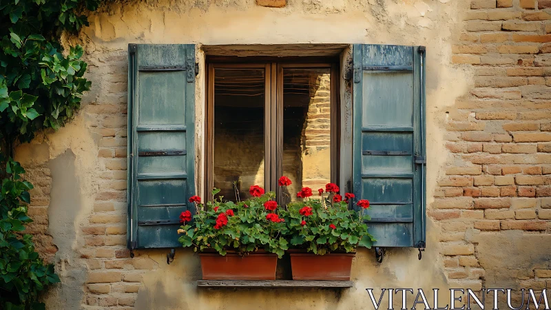 Weathered teal shutters frame geranium planter on rustic brick wall