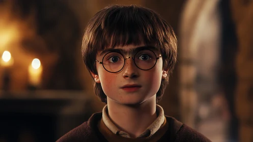 Curious young boy with round glasses stands in warm candlelight
