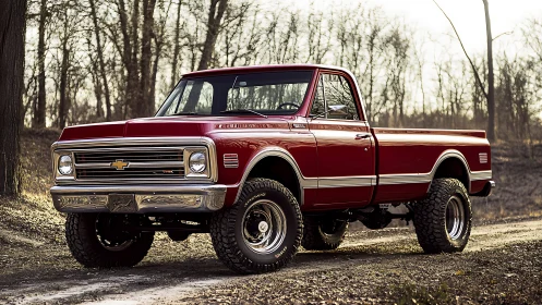 Vintage red Chevrolet pickup truck on forest dirt road.