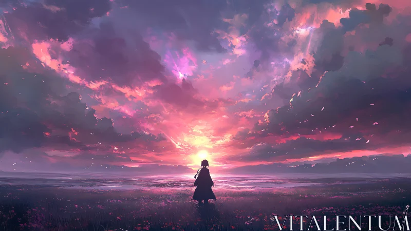 Silhouetted figure watching vivid sunset over open field.