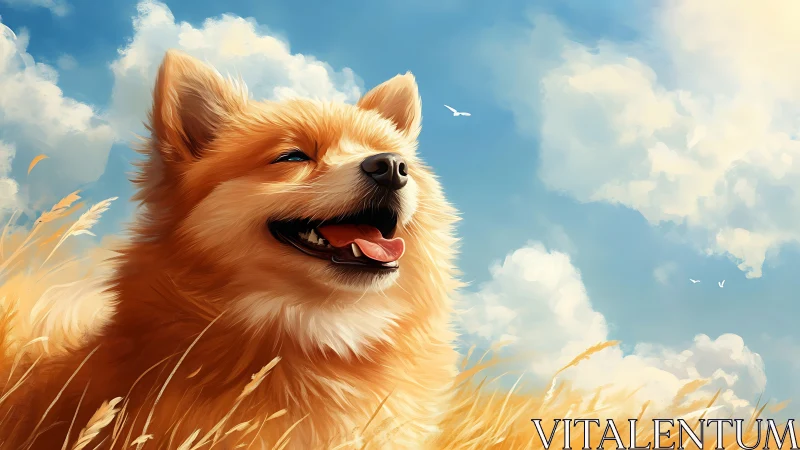 Shiba Inu type dog in grain field under blue sky.