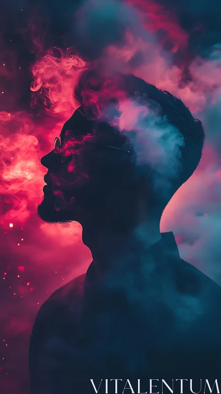 Silhouette of male profile in dense colored smoke clouds.