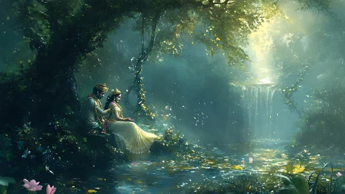 Enchanted Reunion: Lovers Beneath Luminous Verdant Canopy.