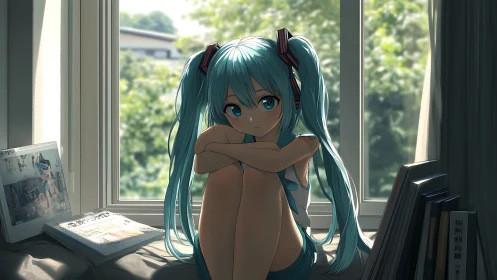 Quiet blue‑haired girl rests thoughtfully by a sunny window