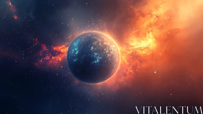 Lone sapphire planet bathing in a wildfire solar halo.