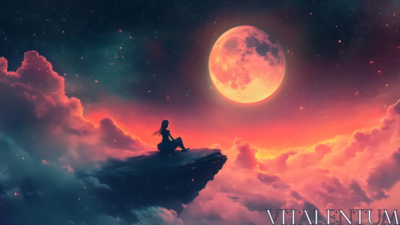 Silhouette on cliff against vivid moonlit cloudscape.