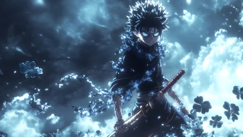 Stormlit anime swordsman cloaked in spectral clover magic.
