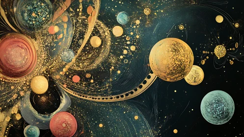 Cosmic orbits swirl through luminous abstract galaxies.