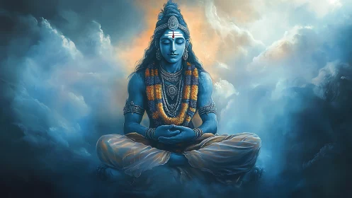 Serene blue deity meditating amid glowing celestial clouds.