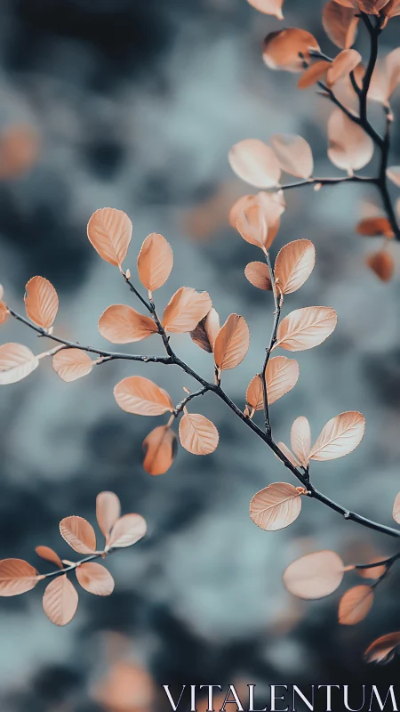 Branch shows pastel orange leaves against soft blue bokeh