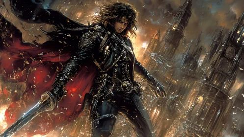 Armored swordsman stands before burning gothic cityscape