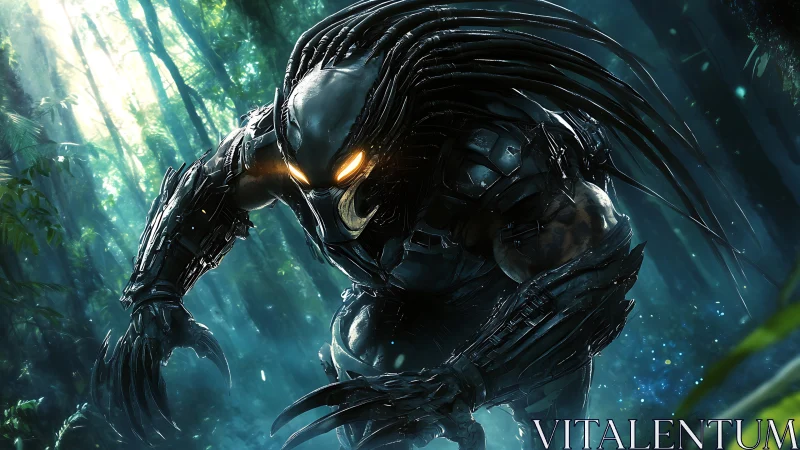 Predatory alien hunter stalks boldly through a glowing jungle