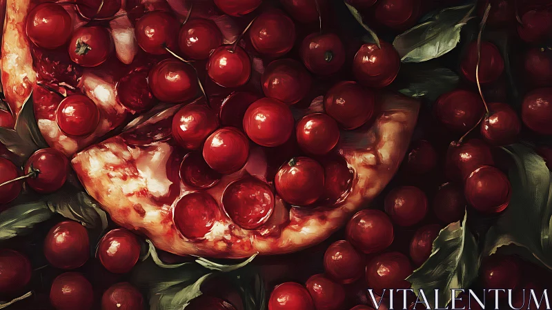 Cherry-covered pizza slices are arranged in dense overhead view