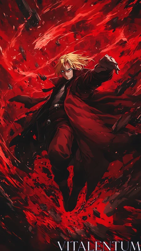 Blond anime fighter in red coat amid violent crimson energy.