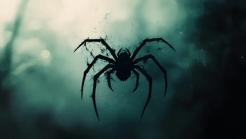Silhouette spider suspended in moody teal misty light.