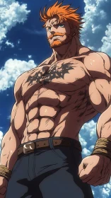 Muscular redheaded warrior under dynamic sky lighting.
