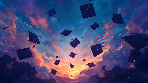 Graduation caps suspended against multicolor evening sky.