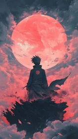 Anime silhouette before crimson supermoon in drifting clouds.