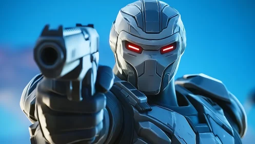 Stoic cyber soldier aims forward with glowing red focus.