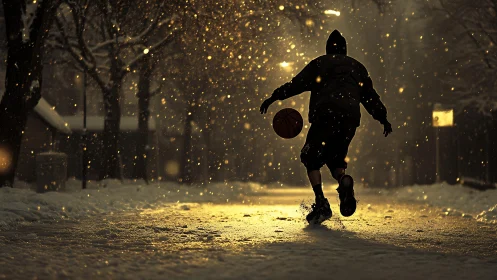 Hooded basketball player dribbles on snowy night street.