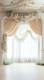 Opulent ivory wedding arch with cascading florals and drapery.