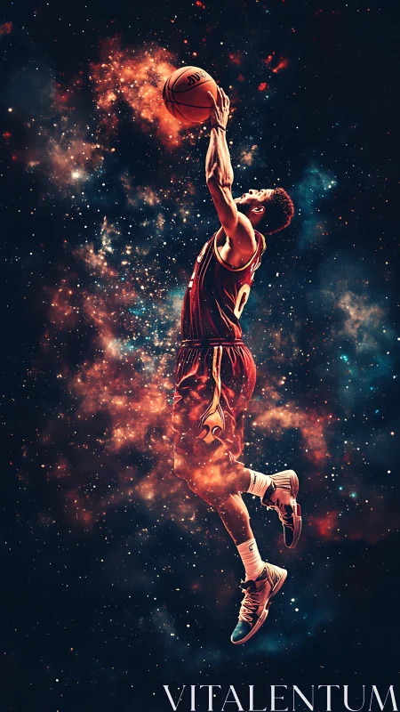 Stellar basketball leap dissolving into cosmic nebulae.